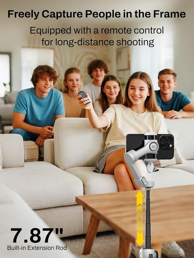 AOCHUAN Smartphone Gimbal Stabilizer for iPhone & Android, 3-Axis Phone Gimbal with Bluetooth Remote Control, Built-in 7.8” Extendable Rod, Face Tracking, Video Stabilizer – Smart V8 Kit White