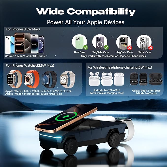 CyberDock 3-In-1 Wireless Charging Station, Cybertruck 1:25 Scale Charger with Qi2 Certified 15W Charging for iPhone iWatch AirPod, Magnetic Rotating Charger with Ambient Light, 30W Adapter, Deep Blue