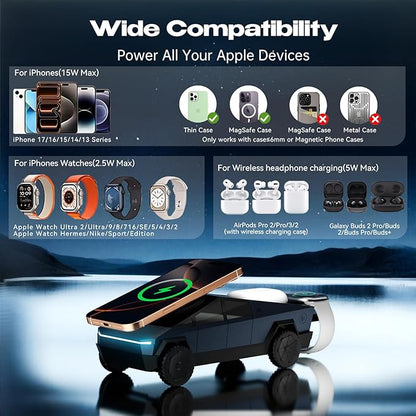 CyberDock 3-In-1 Wireless Charging Station, Cybertruck 1:25 Scale Charger with Qi2 Certified 15W Charging for iPhone iWatch AirPod, Magnetic Rotating Charger with Ambient Light, 30W Adapter, Deep Blue