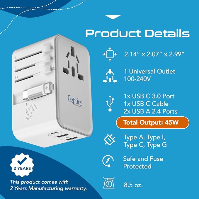 Ceptics 5 in 1 International Travel Adapter with PD 45W Retractable USB-C Cable 65cm, 2X USB-A 2.4A, 1x USB-C 3A, Travel Adapter Worldwide for Laptop, Phones and Cameras for US, EU, UK, UP-45WC-WH | 5 in 1 Design, International Power Adapter for USA, E...