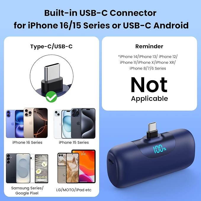 [2-Pack]Mini Portable Charger for iPhone 17, 5500mAh LCD Display USB C Power Bank,Fast Phone Charging Travel Pocket Size Battery Pack for iPhone 17/17 Pro/17 Pro Max/16/15 Series,Android(Navy+Pink)