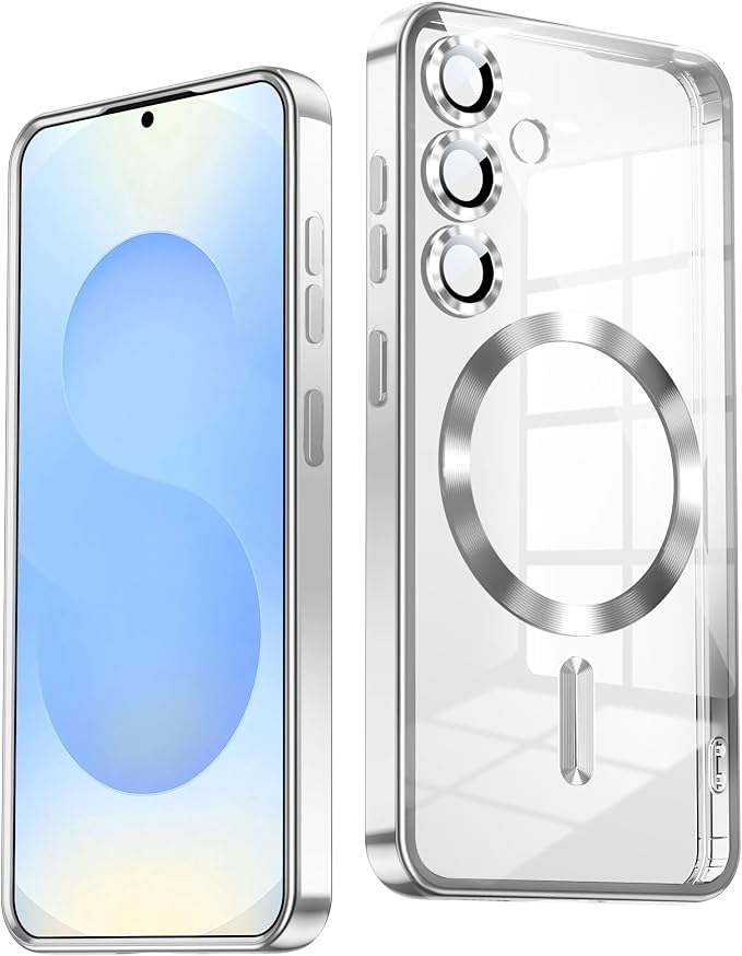 Slim Thin for Samsung Galaxy S25 Case 6.2'', Compatible with MagSafe, Built-in Camera Lens Protector, Shockproof Protective Phone Case, Soft Electroplated Clear Phone Cover, Silver