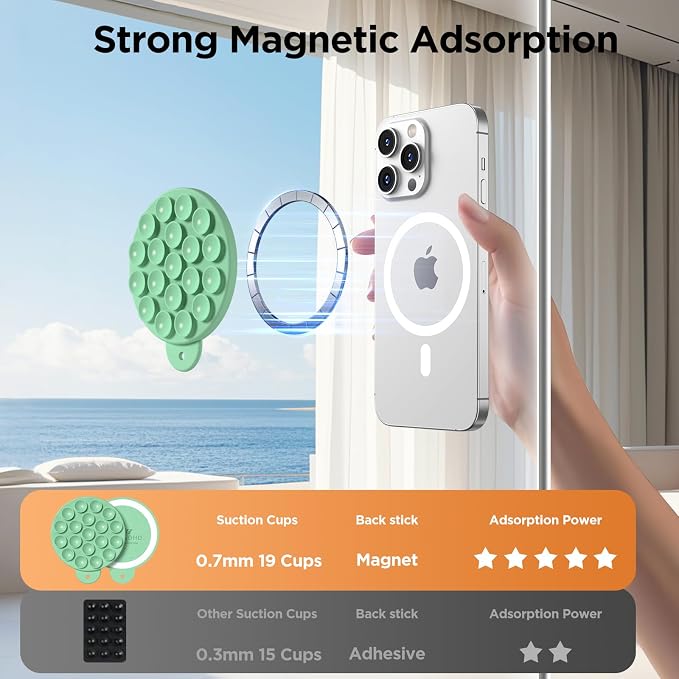 Magnetic Suction Cup Phone Mount, Compatible with MagSafe, Silicone Octo Cup Buddy Sticky Grip Holder for iPhone and Android, Removable Hands-Free Selfie/Video for TikTok, Spearmint Green