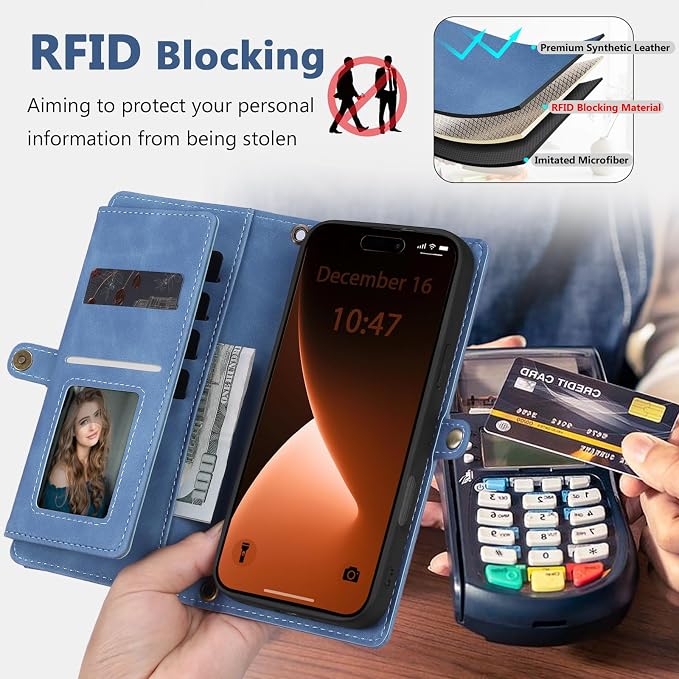 Wallet Case for iPhone 15 Pro with Card Holder/Crossbody Wallet/Strap| RFID Blocking | Magnetic | Kickstand | Detachable | PU Leather Phone Case for iPhone 15 Pro,6.1 in,Sky Blue
