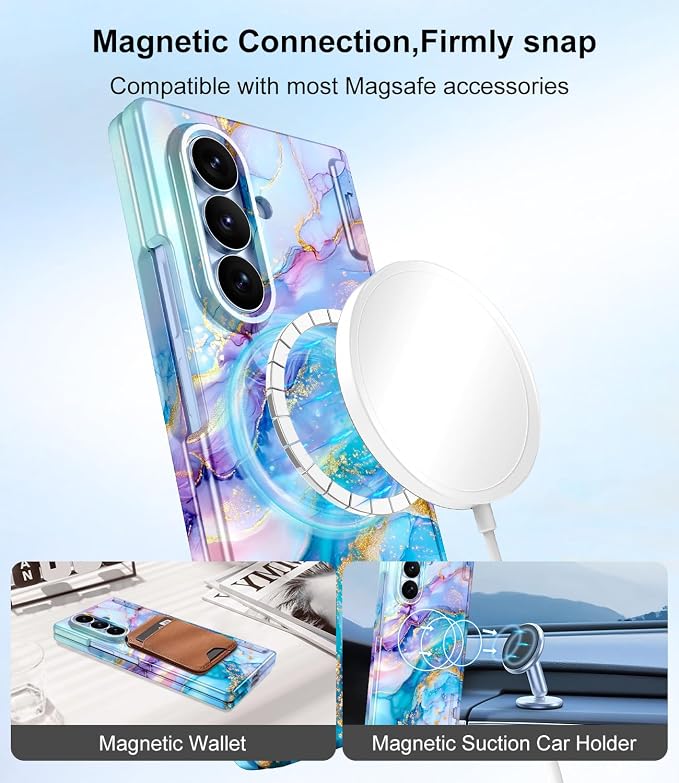 Btscase for Samsung Galaxy Z Fold 8 Ultra Case,Built in Front Screen Protector,[Compatible with MagSafe] Marble Hard PC Slim Shockproof Full Body Drop Protective Case for Z Fold 8 Ultra, Blue Gold