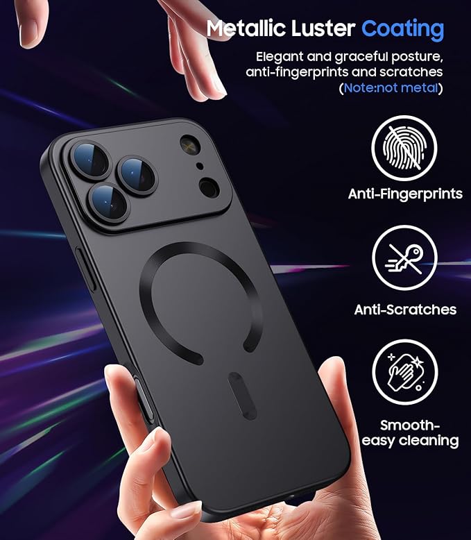Magnetic for iPhone 17 Pro Max Case, Compatible with MagSafe, Built-in Camera Lens Protector, Slim Thin Soft Silicone Bumper Shockproof Metallic Luster Phone Case, Black