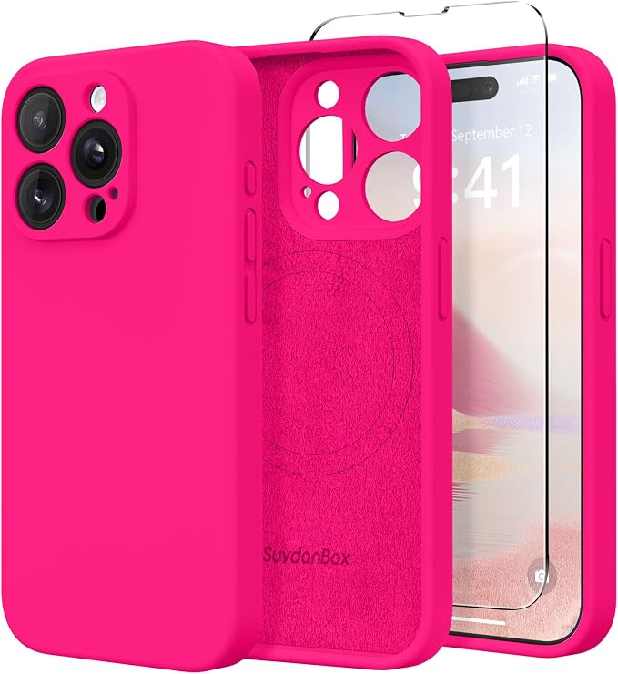 Magnetic for iPhone 15 Pro Max Case, Compatible with MagSafe, [Full Camera Protection][Screen Protector] Silicone Shockproof Protective Phone Case for iPhone 15 Pro Max 6.7", Hot Pink
