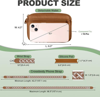 YFWE Clip and Go Strap for Phone with Wallet Crossbody, Adjustable Phone Lanyard with Detachable RFID Wristlet Wallet, Pattern Strap, Bronze(M)