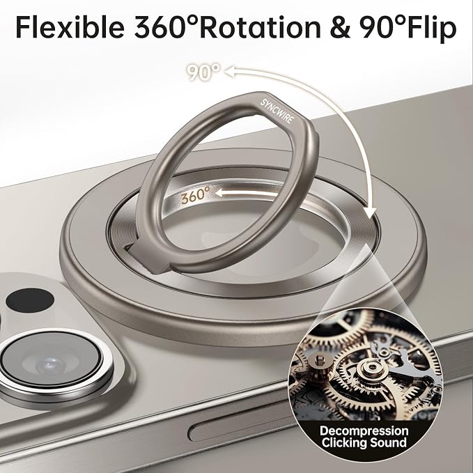 SYNCWIRE Magnetic Phone Ring Holder for MagSafe, 360° Rotation Cell Phone Grip Stand Finger Ring Kickstand Two-Sided Magnet Compatible with iPhone 17 Pro Max 16 15 14 13 12 MagSafe Accessories