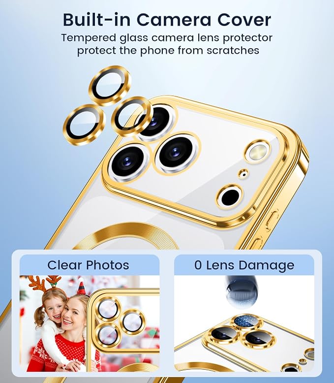 Slim Thin for iPhone 17 Pro Max Case Clear, Compatible with MagSafe, Built-in Camera Lens Protector, Non Yellowing Shockproof Protective Phone Case, Soft Electroplated Magnetic Cover, Gold
