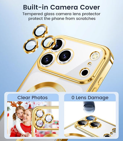 Slim Thin for iPhone 17 Pro Case Clear, Compatible with MagSafe, Built-in Camera Lens Protector, Shockproof Protective Phone Case, Soft Electroplated Magnetic Cover, Gold