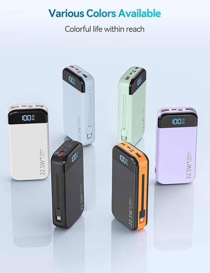 Portable Charger Power Bank 32000mAh with Built in Cables, PD3.0 USB C Fast Phone Charger, 5 Outputs LCD Display Travel Battery Pack Compatible with iPhone, Samsung All Cell Phones (Blue)