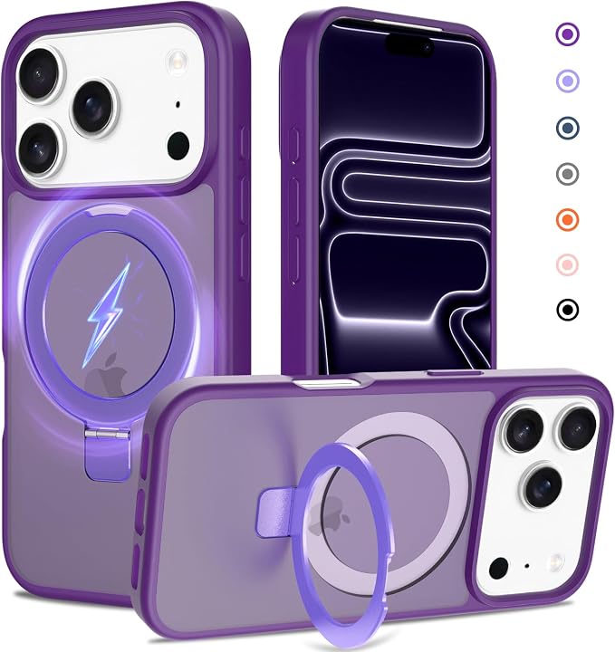 Ultra-Magnetic Stand for iPhone 17 Pro Max Case [Military Drop Protection] [Compatible with MagSafe] Shockproof Translucent Matte Slim Ring Holder Case for iPhone 17 Pro Max (Purple)