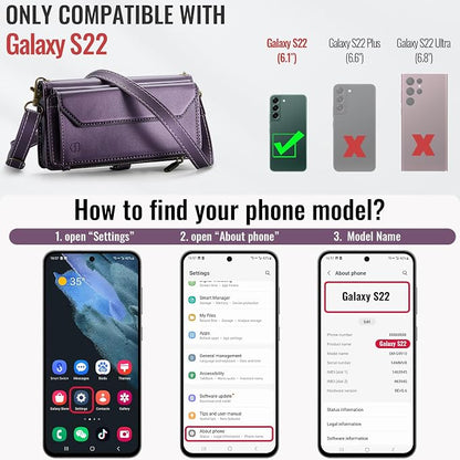 Strapurs Crossbody Wallet Case Compatible with Samsung Galaxy S22 5G RFID Blocking Card Holder Soft PU Leather Magnetic Snap Shoulder Strap Zipper Pocket Phone Case Fit for Galaxy S22 6.1" - Purple
