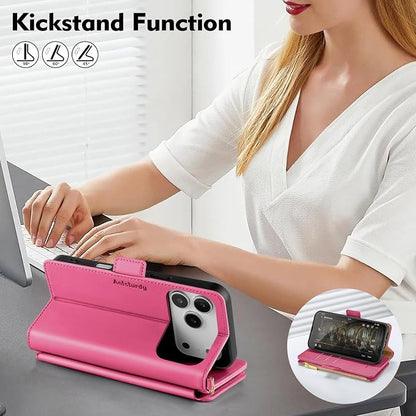 Antsturdy Compatible with iPhone 17 Pro Wallet Case Women,RFID Blocking PU Leather Phone Case Men Kickstand Flip Cover Wrist Strap Zipper Credit Card Holder Slots for Apple 17 Pro 6.3",Hot Pink