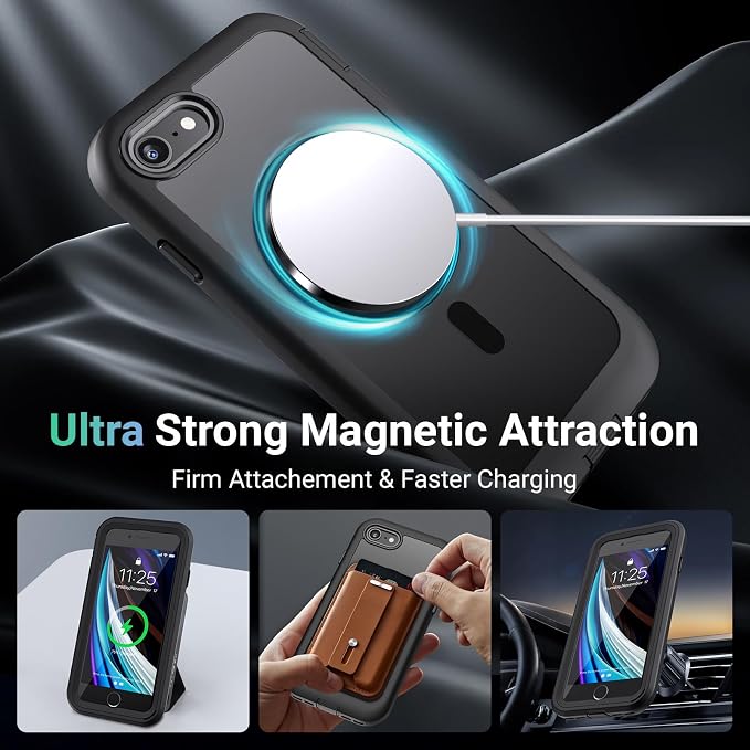 jaroco Magnetic for iPhone SE Case 3rd/2rd,iPhone 8/7 Case, [Compatible with MagSafe][Military Grade Drop Protection][Heavy Duty Protection][Non-Slip] 2-Layer Bumper Phone Case 4.7''-Black