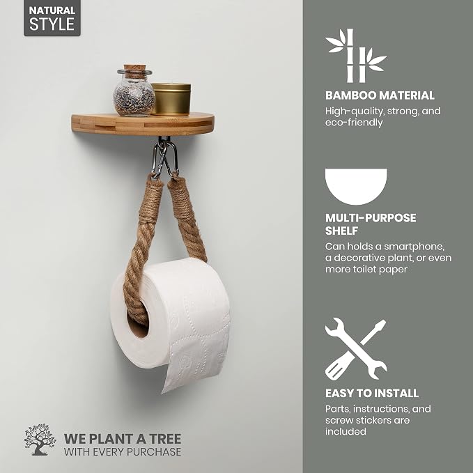 Modern Hanging Wall Mount Natural Bamboo Toilet Paper Holder Rope with Convenience Shelf Tray for Toilet Paper, Phone, Plants, Decor, and Other Accessories