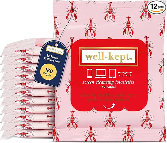 Well-Kept Tech & Lens Wipes - Eyeglass, Screen & Phone Cleaning, Multi-Surface, Lint-Free, Pre Moistened, Streak-Free & Non Scratching - Lobsterfest, 12 Pack (180 Count)