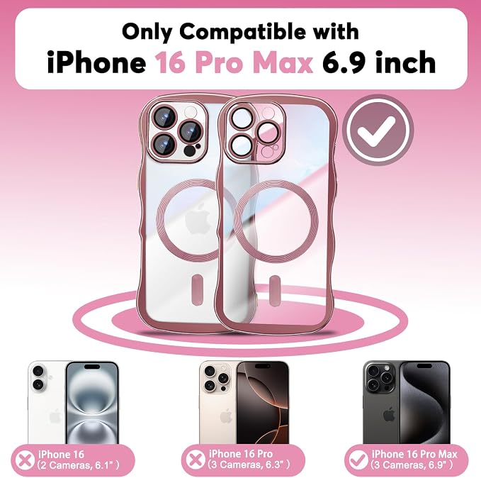 Misscase Designed for iPhone 16 Pro Max Case 6.9",with Privacy Screen Protector*1,Cute Wave Frame Case with Camera Lens Protector,Compatible with MagSafe Plating Bling for Women Pink