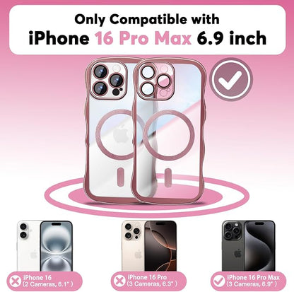 Misscase Designed for iPhone 16 Pro Max Case 6.9",with Privacy Screen Protector*1,Cute Wave Frame Case with Camera Lens Protector,Compatible with MagSafe Plating Bling for Women Pink