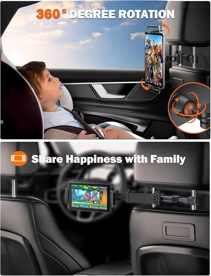 Tryone Car Headrest Tablet Holder Mount Stretchable Backseat Tablets Stand for Kids, Car Seat Mounts Compatible with iPad Pro 12.9 Air Mini, iPhone, Galaxy Tab, Switch, All 4.7-12.9" Screen Devices