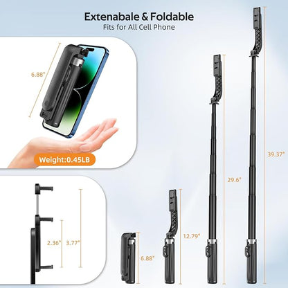 UTEBIT Selfie Stick Tripod for iPhone, 40" Lightweight Phone Tripod Stand with Light & Bluetooth Remote, 3 Light Modes Extendable Selfie Stick Compatible with All iPhone/Android, All-in-1, Black