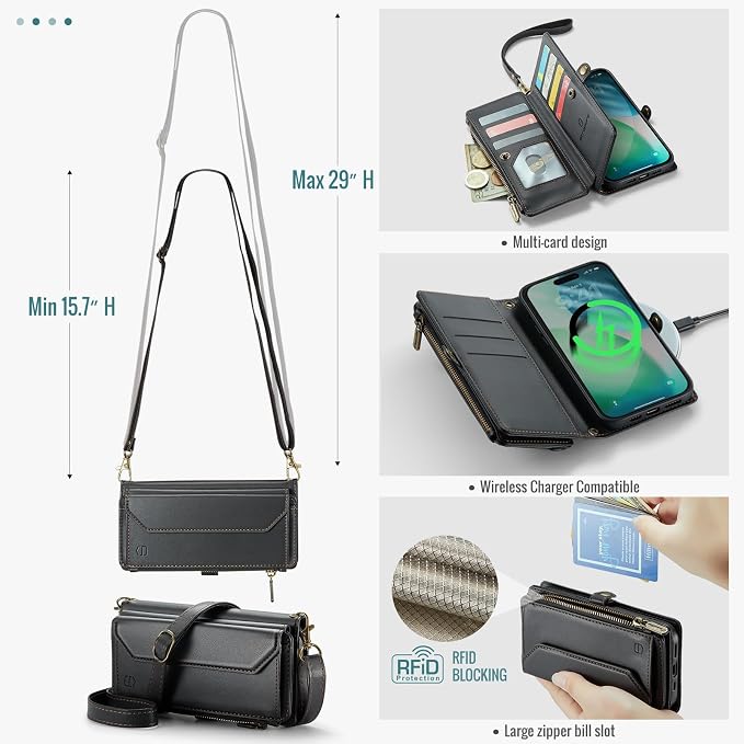 Strapurs Wallet Case Compatible with iPhone Air 6.5" RFID Blocking 10-Card Holder Soft PU Leather Magnetic Snap Shoulder Strap Zipper Pocket Phone Case Fit for iPhone 17 Air for Women - Black