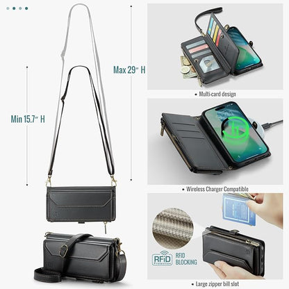 Strapurs Wallet Case Compatible with iPhone Air 6.5" RFID Blocking 10-Card Holder Soft PU Leather Magnetic Snap Shoulder Strap Zipper Pocket Phone Case Fit for iPhone 17 Air for Women - Black