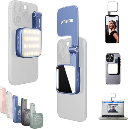 Magnetic Selfie Phone Light,Amaran Go Dual LED Light Source with Adjustable Mirror Light CCT 2700K-6500K,Rechargeable for Selfie,Makeup,Video Conference,TikTok,for iPhone & Android (Blue)