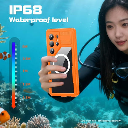 Omio for Galaxy S26 Ultra Waterproof Case Compatible with MagSafe, Magnetic Waterproof Full Body IP68 Underwater Case Built-in Screen Protector Military Grade Shockproof Case for Men Women Orange