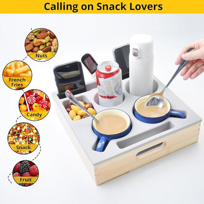 KindGa Couch Cup Holder, Waterproof Anti-Spill Couch Drink Holder for Snacks Beverage Remote, Food Grade Silicone Wooden Couch Caddy for Bed Car Seat Beach Tray (Beige)