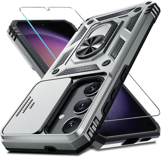 Janmitta Compatible with Samsung Galaxy S25 Plus/S24 Plus Case Built in Slide Camera Lens Cover+Screen Protector+Finger Ring Holder Kickstand,Heavy Duty Shockproof Full Body Phone Cover,Silver
