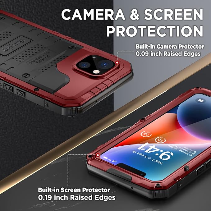 Beasyjoy for iPhone 14 Plus Case, IP68 Waterproof Metal Heavy Duty Defender Case with Built-in Screen Protector, Military Grade Full Body Protective Defender Shockproof Rugged Cover 6.7 Inch, Red