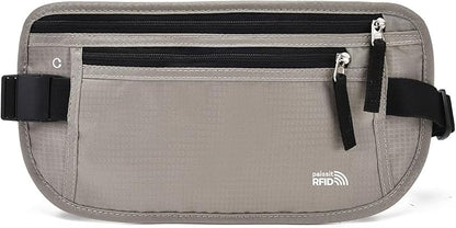 Unisex Money Belt For Men and Women, Slim Passport Holder RFID Blocking Travel Essentials Pouch with Adjustable Strap Small Waist Pouch for Workout Running Travelling Hiking, Light Grey