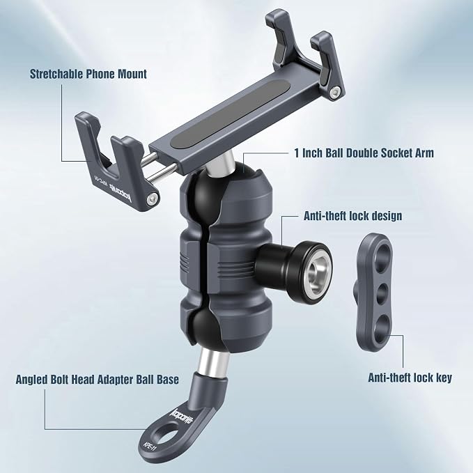 Motorcycle Phone Clip Kit, for 8-10mm Screw/Mirror Install, Anti-Theft Double Socket Arm/25mm Ball Top and Base, Suitable for Width of 2.56-3.74" Phone (KPS-04)