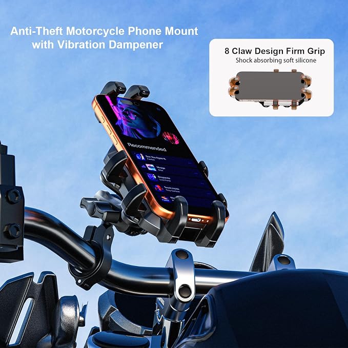 LOKTENWO Anti-Theft Motorcycle Phone Mount with Vibration Dampener [Metal Adjustment Arm] Aluminum Alloy Mounting Base, Anti-Shake Motorcycle Cellphone Holder for ATV Scooter for 5.4"-6.9" Phones
