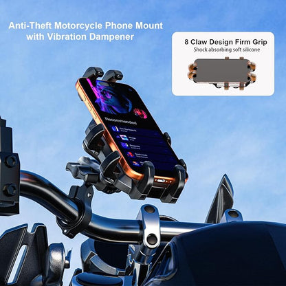 LOKTENWO Anti-Theft Motorcycle Phone Mount with Vibration Dampener [Metal Adjustment Arm] Aluminum Alloy Mounting Base, Anti-Shake Motorcycle Cellphone Holder for ATV Scooter for 5.4"-6.9" Phones
