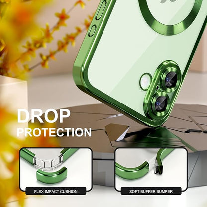 Misea Magnetic for iPhone 17 Case Compatible with MagSafe [Never Yellowing] [Military Grade Drop Protection] Full Camera Lens Protector Plating Soft Clear Phone Case for Women, Green