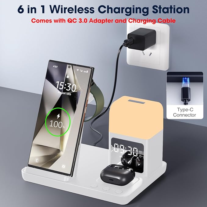 Wireless Charger for Samsung/Android,6 in 1 Alarm Clock Charging Station for Bedrooms with Bedside Clock Night Light for Samsung S25/S24/S23 Ultra/Buds,Watch Charger only for Galaxy Watch 8/7/6-White