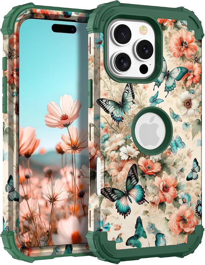 Hocase for iPhone 16 Pro Max Case, Heavy Duty Shockproof Protection Soft Silicone Rubber+Hard Plastic Bumpers Hybrid Protective Case for iPhone 16 Pro Max 2024 - Teal Green Butterflies