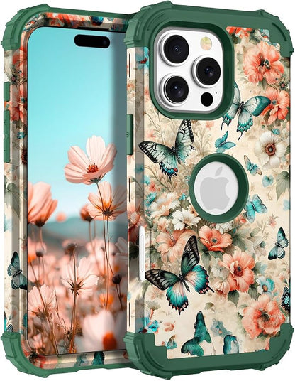 Hocase for iPhone 16 Pro Max Case, Heavy Duty Shockproof Protection Soft Silicone Rubber+Hard Plastic Bumpers Hybrid Protective Case for iPhone 16 Pro Max 2024 - Teal Green Butterflies