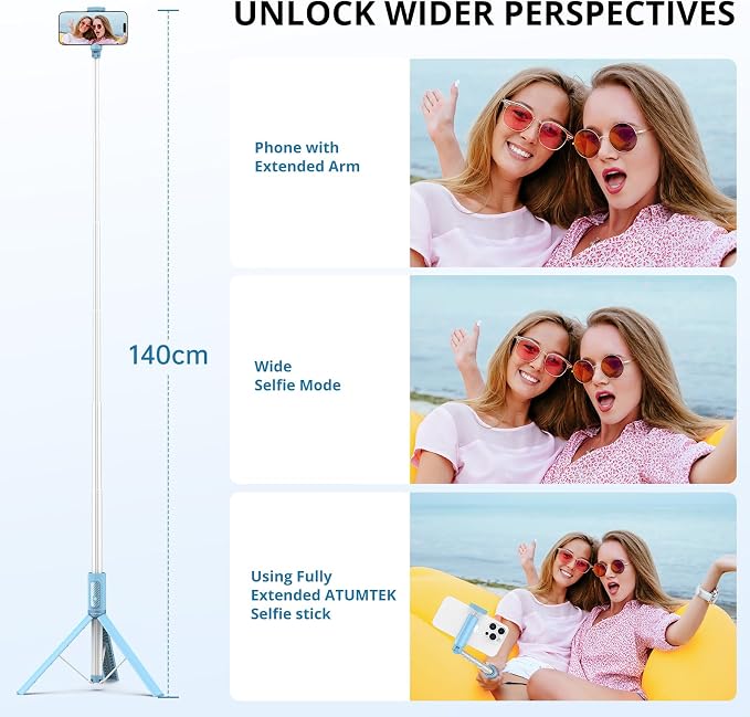 ATUMTEK 55" Selfie Stick Tripod, All-in-one Extendable Aluminum Phone Tripod with Rechargeable Bluetooth Remote for iPhone and More, Fit 4.7-7 inch Smartphones, Blue