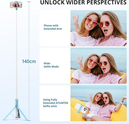 ATUMTEK 55" Selfie Stick Tripod, All-in-one Extendable Aluminum Phone Tripod with Rechargeable Bluetooth Remote for iPhone and More, Fit 4.7-7 inch Smartphones, Blue