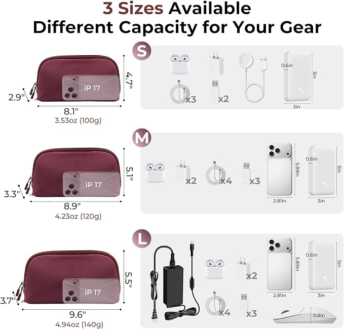 FYY Travel Cable Organizer - 8 Compartments, Lightweight, Water Repellent | With Wrist Strap, Portable Tech Pouch for Cord Charger, Travel and Business Trips Use, Soft Shell Nylon, Wine Red (Large)