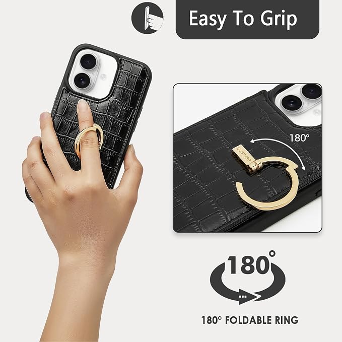 CUSTYPE Compatible with iPhone 17 Wallet Case with Card Holder,180°Ring Holder Kickstand Card Slots Case,PU Leather Protective Case for iPhone 17 6.3 inch-Black