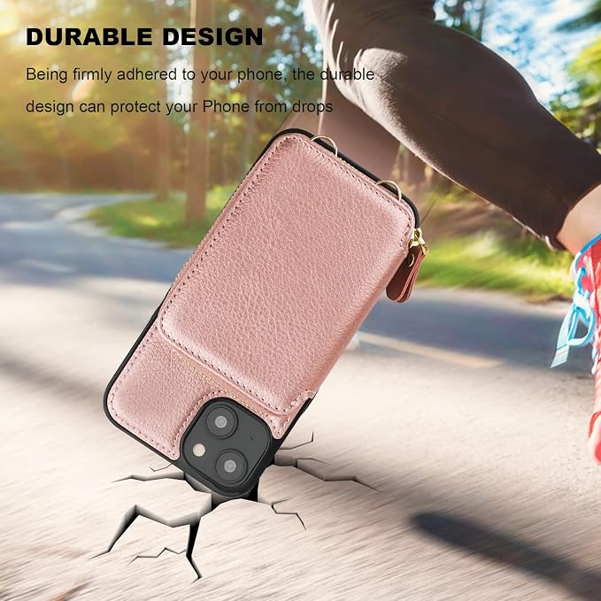 Bocasal RFID Blocking Wallet Case for iPhone 14 Plus, Adjustable Crossbody Zipper Purse Case Card Holder with Kickstand Detachable Wrist Strap, PU Leather Flip Folio Case 6.7 Inch 5G (Rose Gold)