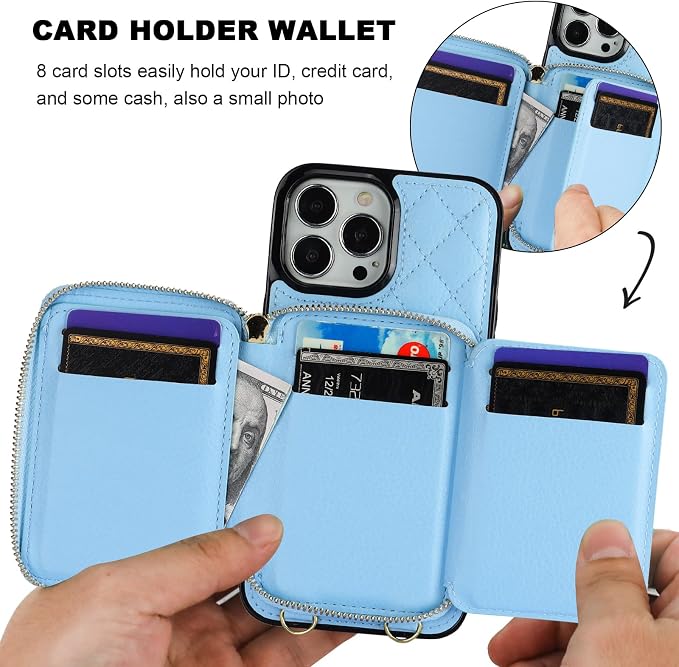 Bocasal Crossbody Wallet Case for iPhone 13 Pro Max, RFID Blocking PU Leather Zipper Handbag Purse Flip Cover, Kickstand Folio Case with Card Slots Holder Wrist Strap Lanyard 5G 6.7 Inch (Blue)