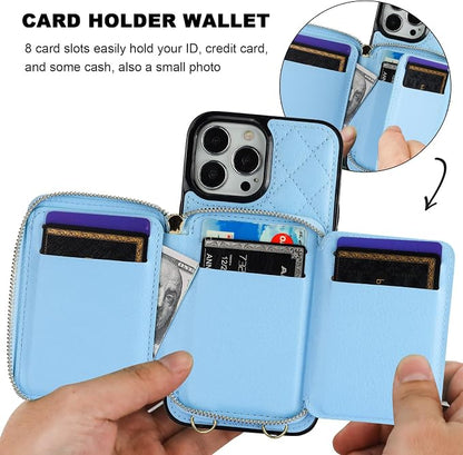 Bocasal Crossbody Wallet Case for iPhone 13 Pro Max, RFID Blocking PU Leather Zipper Handbag Purse Flip Cover, Kickstand Folio Case with Card Slots Holder Wrist Strap Lanyard 5G 6.7 Inch (Blue)