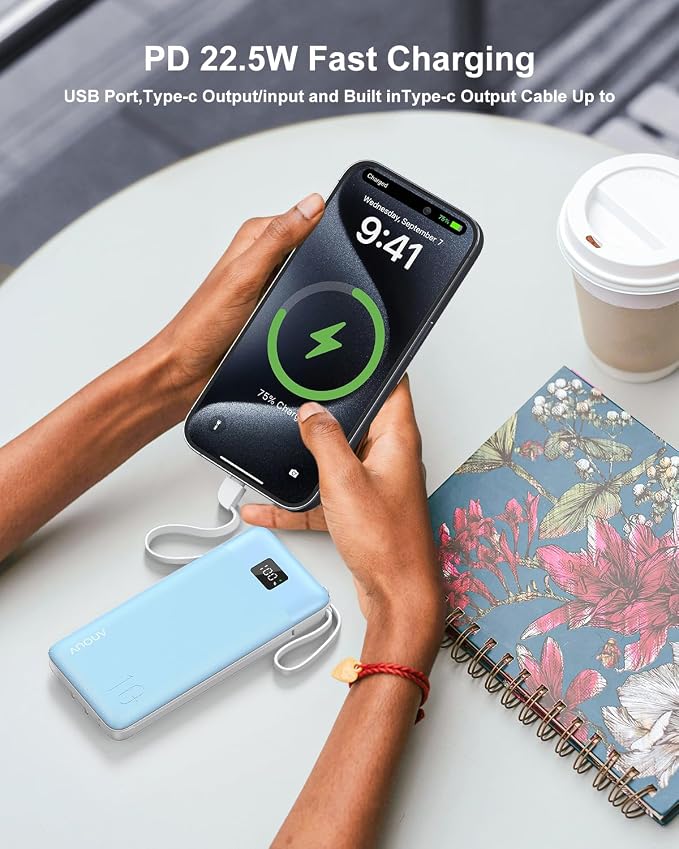 Portable Charger Built-in Cables and AC Wall Plug, 10000mAh 22.5W PD Fast Charging Power Bank, Lightweight Compact Battery Pack Travel Essentials for iPhone 17/16/15/14/13 Series,Samsung,Tablets