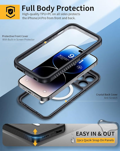 Lanhiem Magnetic for iPhone 14 Pro Max Case, Waterproof Dustproof Case with Built-in Screen Protector Compatible with Magsafe, Full Body Protective Cover for iPhone 14 Pro Max 6.7 inch -Black